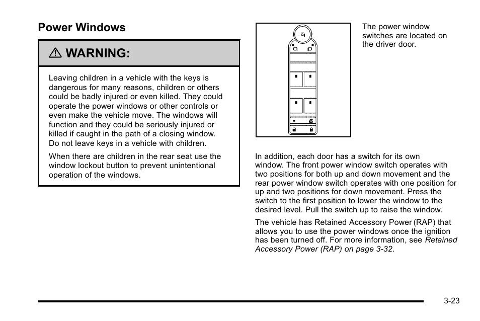 Power windows, Power windows -23, Mirrors | Warning | Cadillac 2010 Escalade EXT User Manual | Page 125 / 580