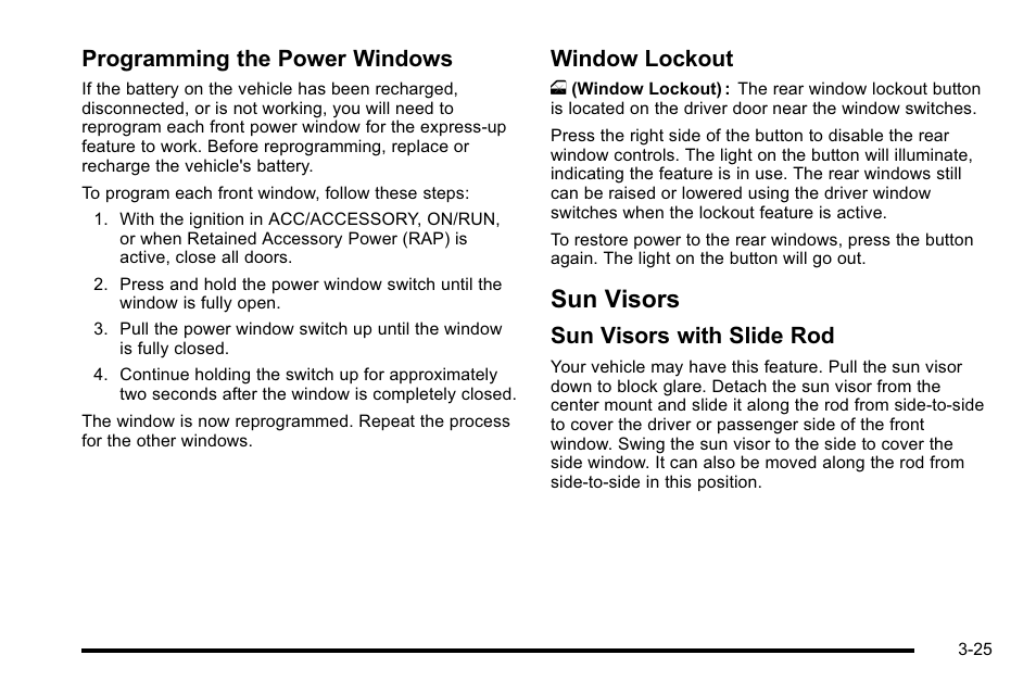 Sun visors, Sun visors -25, Manual | Programming the power windows, Window lockout, Sun visors with slide rod | Cadillac 2010 Escalade EXT User Manual | Page 127 / 580