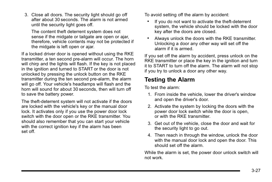 Testing the alarm | Cadillac 2010 Escalade EXT User Manual | Page 129 / 580
