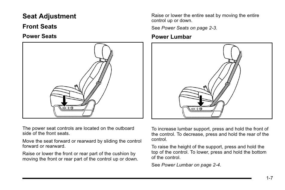 Seat adjustment, Seat adjustment -7, Front seats | Cadillac 2010 Escalade EXT User Manual | Page 13 / 580