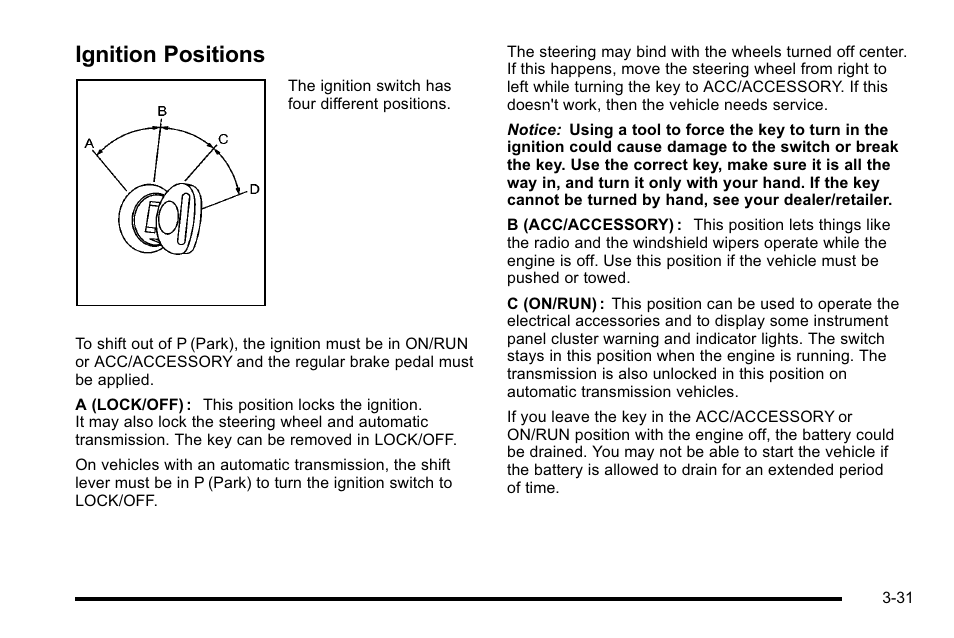 Ignition positions, Ignition positions -31 | Cadillac 2010 Escalade EXT User Manual | Page 133 / 580