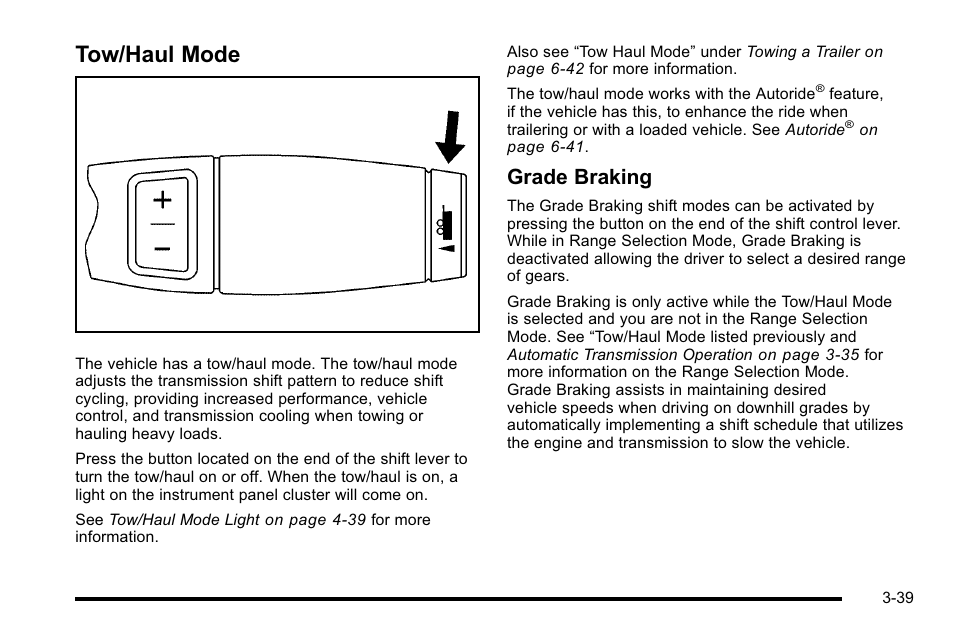 Tow/haul mode, Tow/haul mode -39, Grade braking | Cadillac 2010 Escalade EXT User Manual | Page 141 / 580