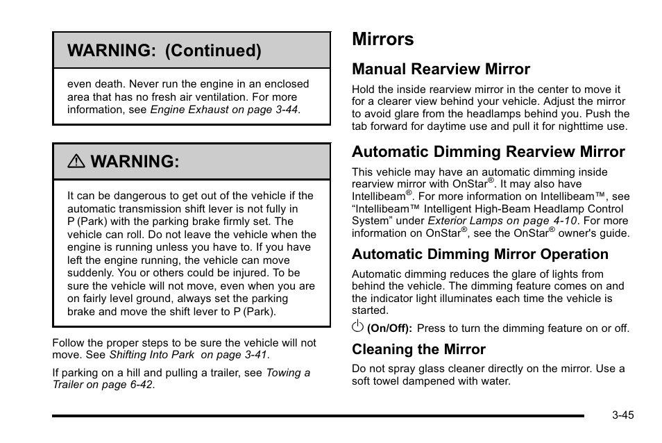 Mirrors, Manual rearview mirror, Automatic dimming rearview mirror | Mirrors -45, Warning: (continued), Warning, Automatic dimming mirror operation, Cleaning the mirror | Cadillac 2010 Escalade EXT User Manual | Page 147 / 580