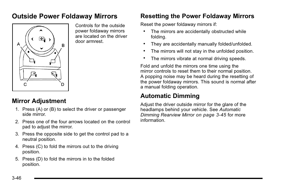 Outside power foldaway mirrors, Outside power foldaway mirrors -46, Mirror adjustment | Resetting the power foldaway mirrors, Automatic dimming | Cadillac 2010 Escalade EXT User Manual | Page 148 / 580