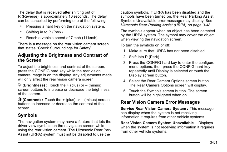 Symbols, Rear vision camera error messages | Cadillac 2010 Escalade EXT User Manual | Page 153 / 580