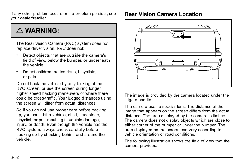 Warning, Rear vision camera location | Cadillac 2010 Escalade EXT User Manual | Page 154 / 580