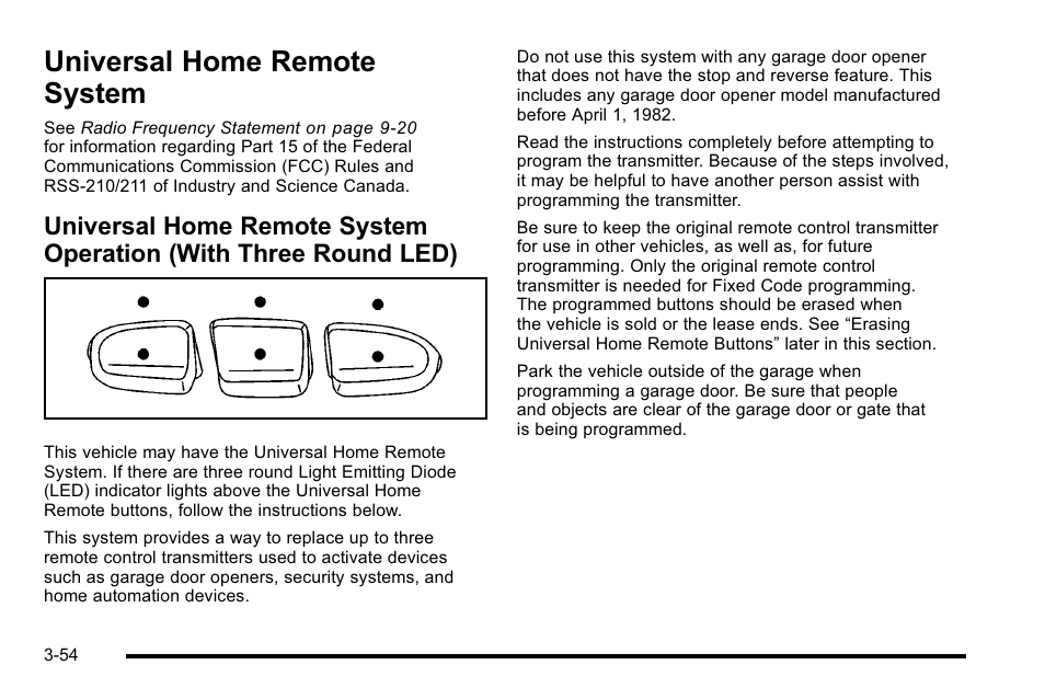 Universal home remote system, Universal home remote system -54, Universal home remote system operation | With three round led) -54, Top-box | Cadillac 2010 Escalade EXT User Manual | Page 156 / 580