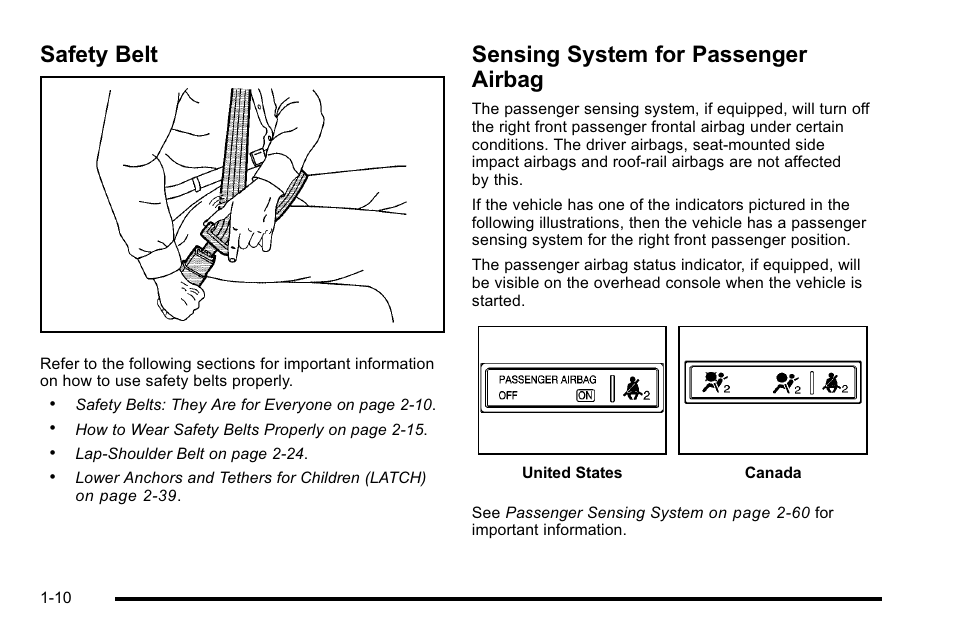 Safety belt, Sensing system for passenger airbag | Cadillac 2010 Escalade EXT User Manual | Page 16 / 580