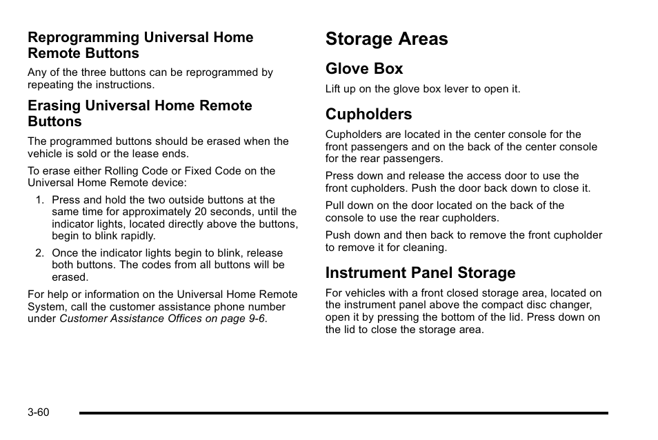 Storage areas, Glove box, Cupholders | Instrument panel storage, Storage areas -60, Reprogramming universal home remote buttons, Erasing universal home remote buttons | Cadillac 2010 Escalade EXT User Manual | Page 162 / 580