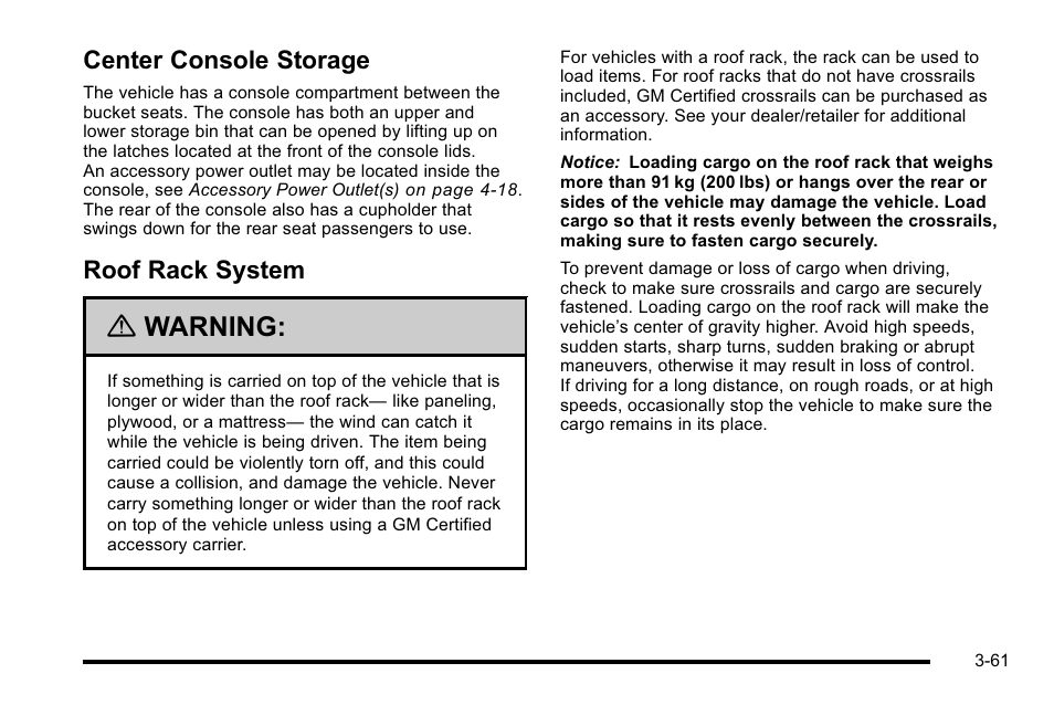 Center console storage, Roof rack system, Center console storage -61 roof rack system -61 | Warning | Cadillac 2010 Escalade EXT User Manual | Page 163 / 580