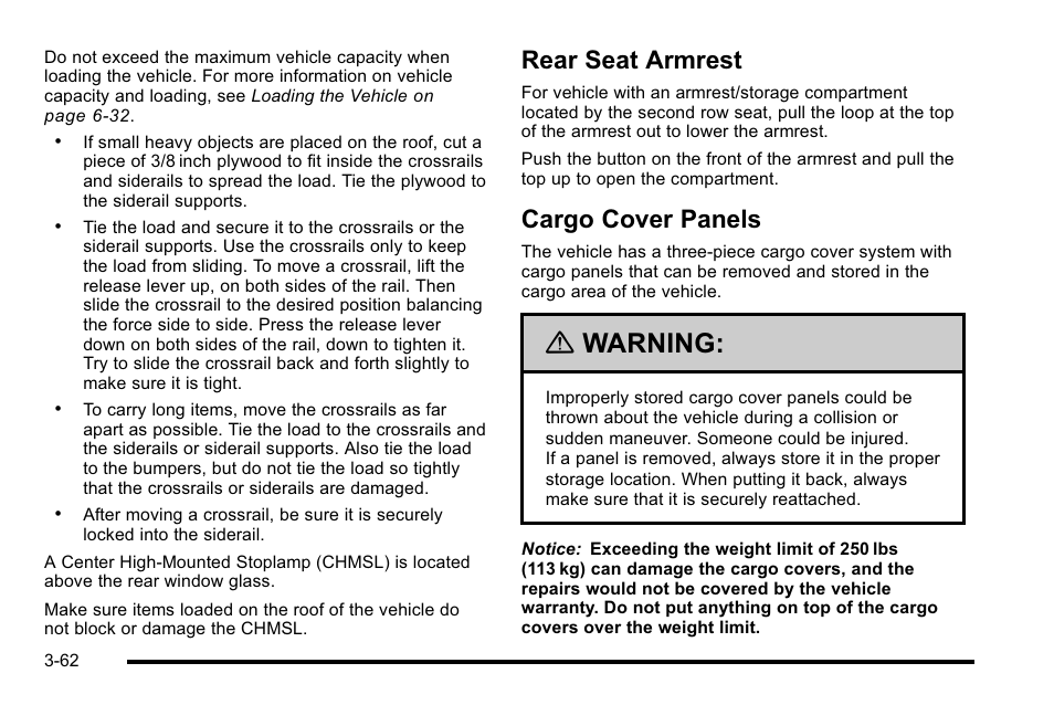 Rear seat armrest, Cargo cover panels, Rear seat armrest -62 cargo cover panels -62 | Warning | Cadillac 2010 Escalade EXT User Manual | Page 164 / 580