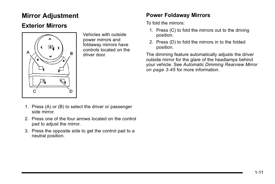 Mirror adjustment, Mirror adjustment -11, Exterior mirrors | Cadillac 2010 Escalade EXT User Manual | Page 17 / 580