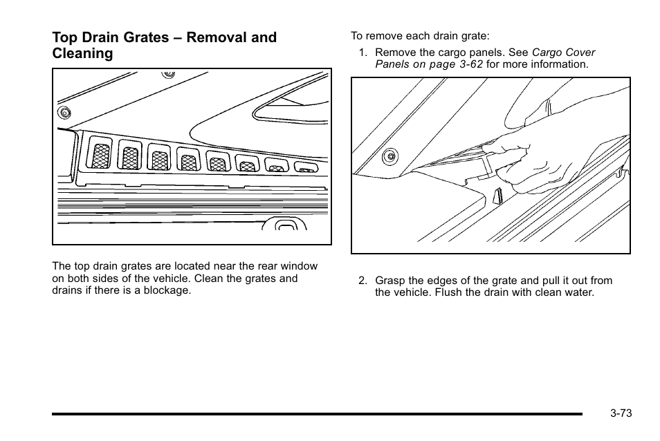 Top drain grates – removal and cleaning | Cadillac 2010 Escalade EXT User Manual | Page 175 / 580