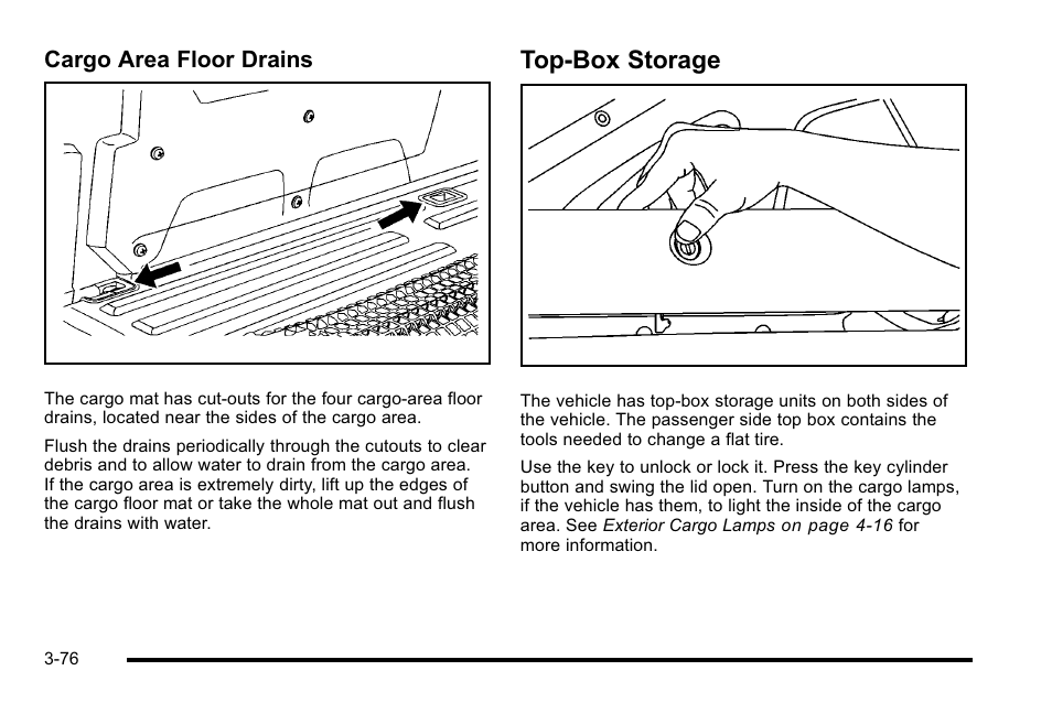 Top-box storage, Storage -76, Cargo area floor drains | Cadillac 2010 Escalade EXT User Manual | Page 178 / 580