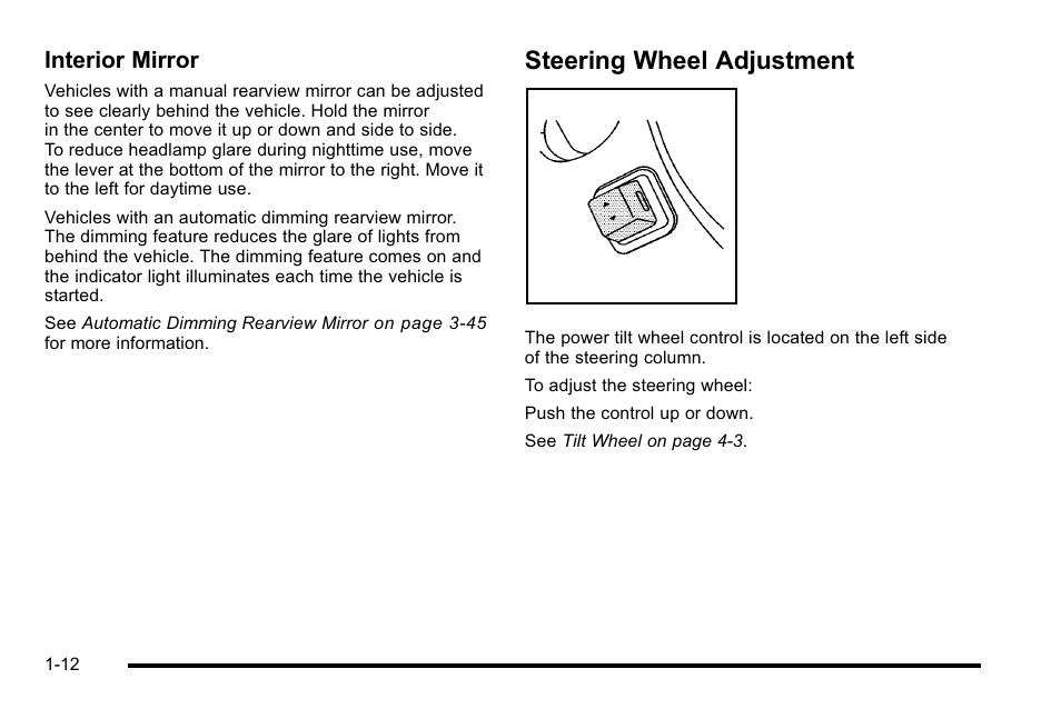 Steering wheel adjustment, Steering wheel adjustment -12, Interior mirror | Cadillac 2010 Escalade EXT User Manual | Page 18 / 580