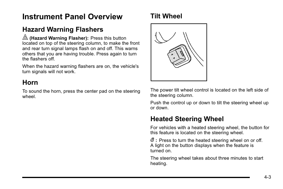 Instrument panel overview, Hazard warning flashers, Horn | Tilt wheel, Heated steering wheel, Instrument panel overview -3 | Cadillac 2010 Escalade EXT User Manual | Page 183 / 580