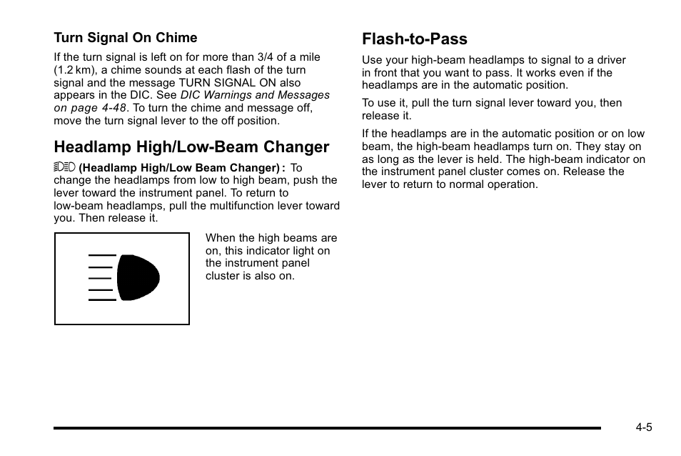 Headlamp high/low-beam changer, Flash-to-pass, Headlamp high/low-beam changer -5 flash-to-pass -5 | Cadillac 2010 Escalade EXT User Manual | Page 185 / 580