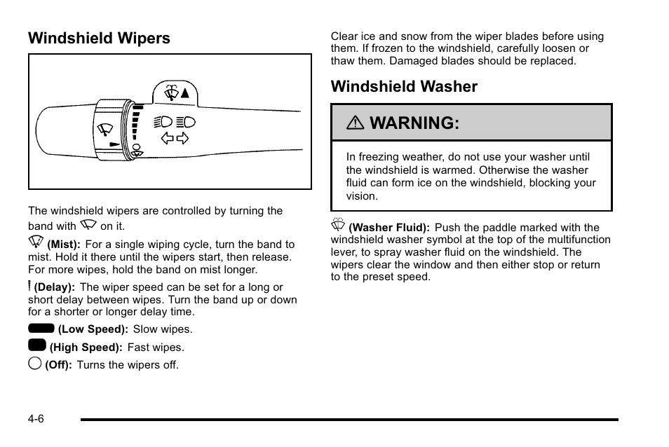 Windshield wipers, Windshield washer, Windshield wipers -6 windshield washer -6 | Warning | Cadillac 2010 Escalade EXT User Manual | Page 186 / 580