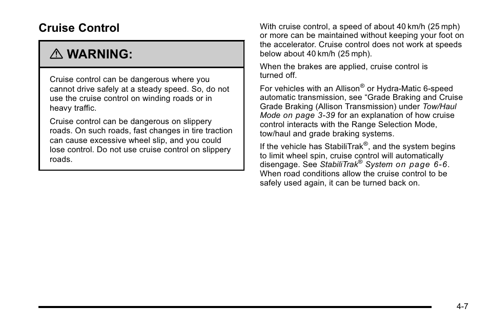 Cruise control, Cruise control -7, Warning | Cadillac 2010 Escalade EXT User Manual | Page 187 / 580