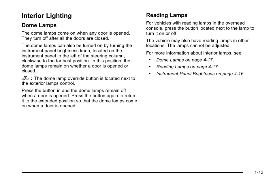 Interior lighting, Interior lighting -13, Dome lamps | Reading lamps | Cadillac 2010 Escalade EXT User Manual | Page 19 / 580