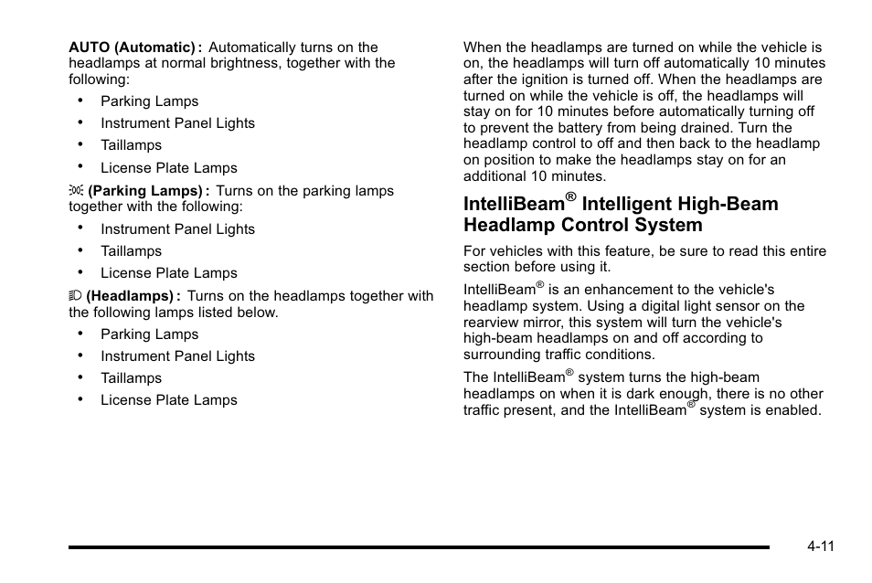 Intellibeam, Intelligent high-beam headlamp control system | Cadillac 2010 Escalade EXT User Manual | Page 191 / 580