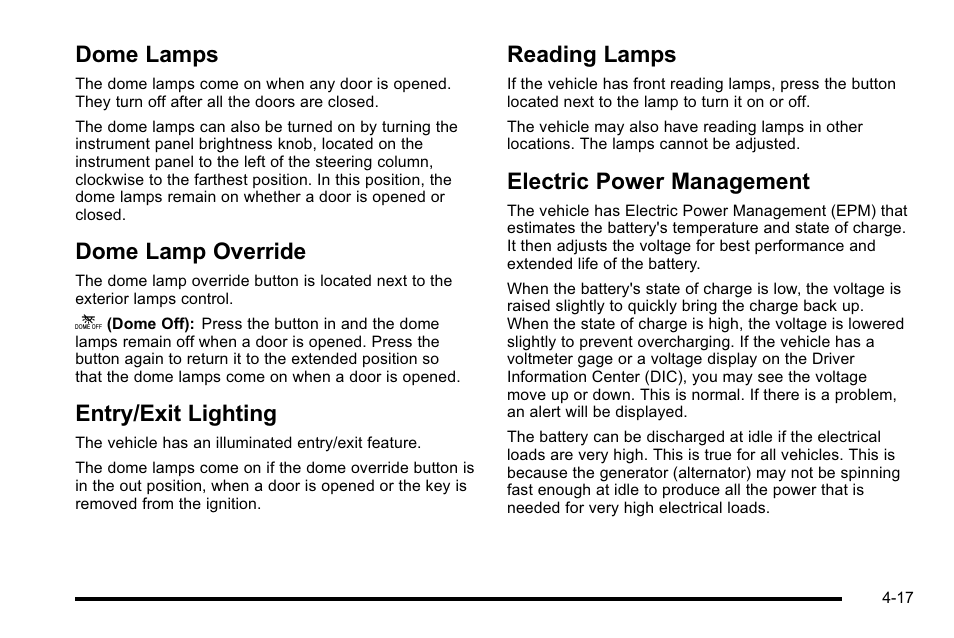 Dome lamps, Dome lamp override, Entry/exit lighting | Reading lamps, Electric power management, Dome lamps -17 dome lamp override -17 | Cadillac 2010 Escalade EXT User Manual | Page 197 / 580