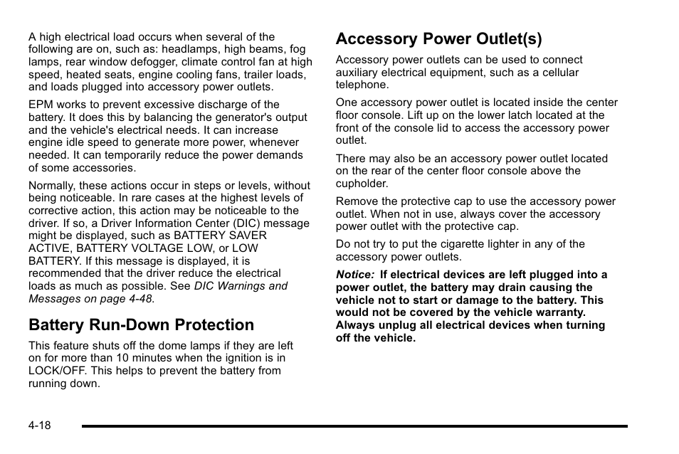 Battery run-down protection, Accessory power outlet(s) | Cadillac 2010 Escalade EXT User Manual | Page 198 / 580