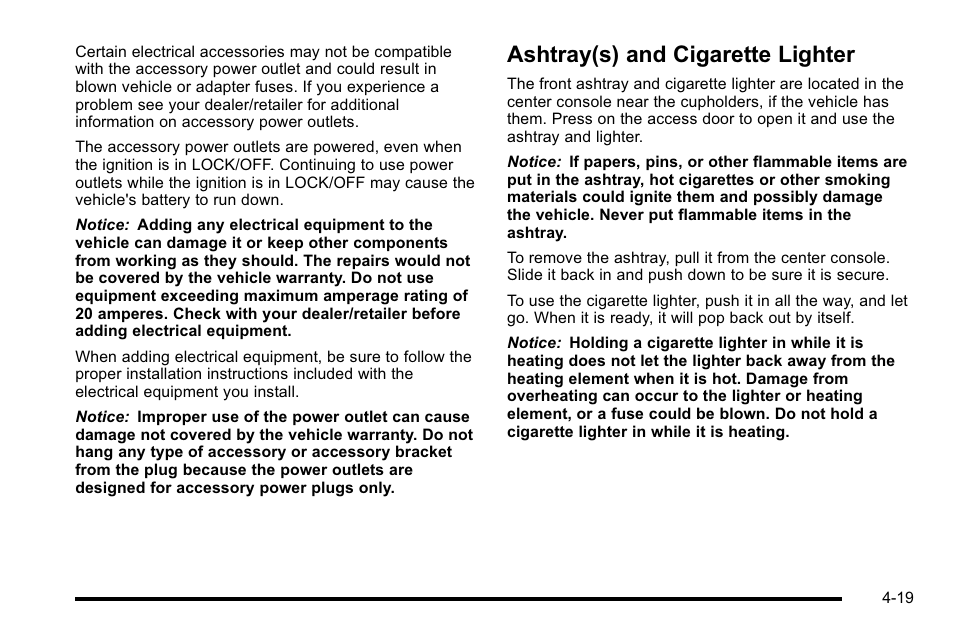 Ashtray(s) and cigarette lighter, Ashtray(s) and cigarette lighter -19 | Cadillac 2010 Escalade EXT User Manual | Page 199 / 580