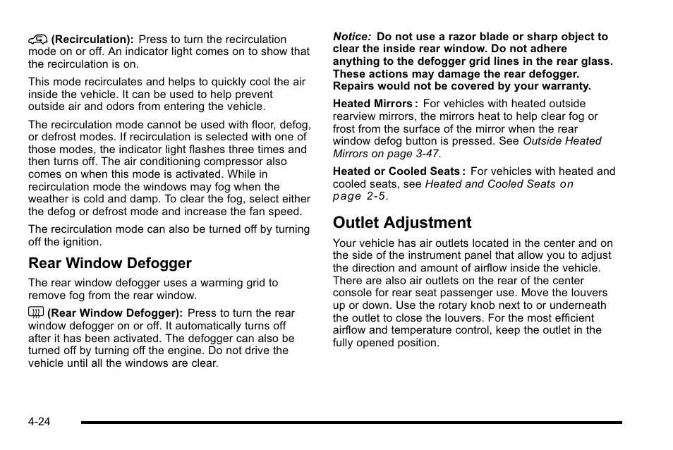 Outlet adjustment, Outlet adjustment -24, Rear window defogger | Cadillac 2010 Escalade EXT User Manual | Page 204 / 580