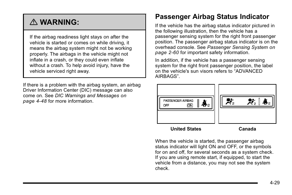 Passenger airbag status indicator, Passenger airbag status indicator -29, Warning | Cadillac 2010 Escalade EXT User Manual | Page 209 / 580