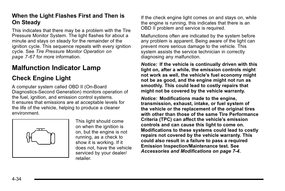 Malfunction indicator lamp, Malfunction indicator lamp -34, Check engine light | Cadillac 2010 Escalade EXT User Manual | Page 214 / 580