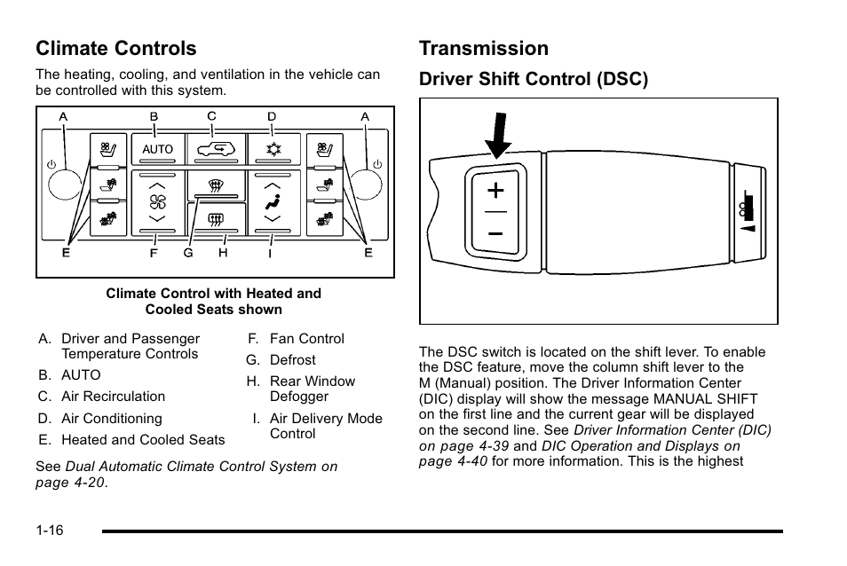 Climate controls, Transmission, Climate controls -16 transmission -16 | Driver shift control (dsc) | Cadillac 2010 Escalade EXT User Manual | Page 22 / 580