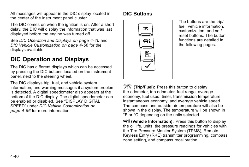 Dic operation and displays, Dic operation and displays -40 | Cadillac 2010 Escalade EXT User Manual | Page 220 / 580