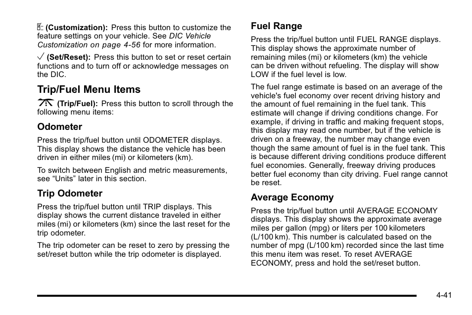 Trip/fuel menu items 3 | Cadillac 2010 Escalade EXT User Manual | Page 221 / 580