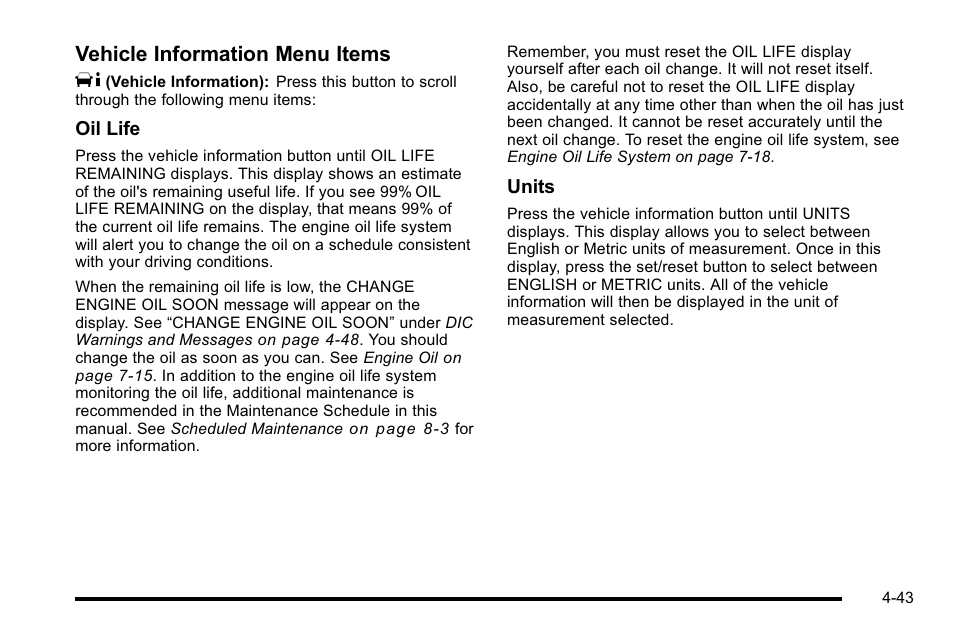 Vehicle information menu items t | Cadillac 2010 Escalade EXT User Manual | Page 223 / 580