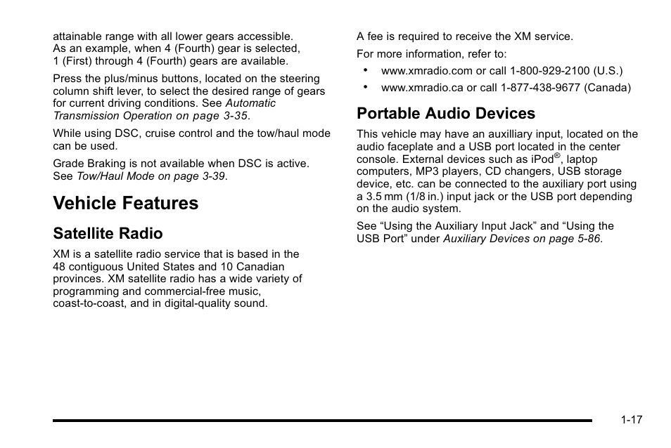 Vehicle features, Satellite radio, Portable audio devices | Vehicle features -17, Storage areas, Satellite radio -17 portable audio devices -17 | Cadillac 2010 Escalade EXT User Manual | Page 23 / 580