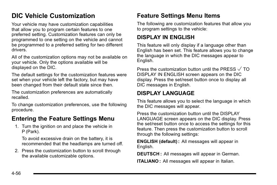 Dic vehicle customization, Dic vehicle customization -56, Entering the feature settings menu | Feature settings menu items | Cadillac 2010 Escalade EXT User Manual | Page 236 / 580