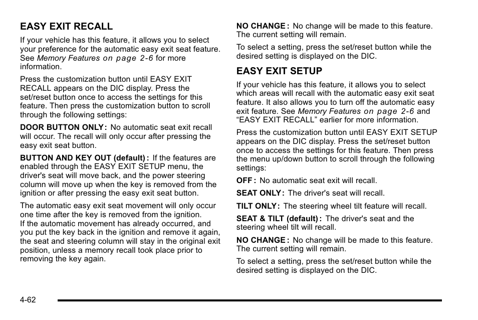 Easy exit recall, Easy exit setup | Cadillac 2010 Escalade EXT User Manual | Page 242 / 580