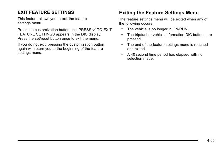 Exiting the feature settings menu, Exit feature settings | Cadillac 2010 Escalade EXT User Manual | Page 245 / 580