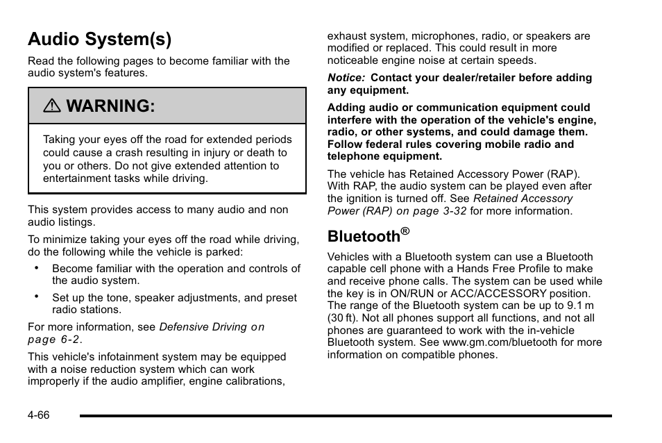 Audio system(s), Bluetooth, Audio system(s) -66 | Warning | Cadillac 2010 Escalade EXT User Manual | Page 246 / 580