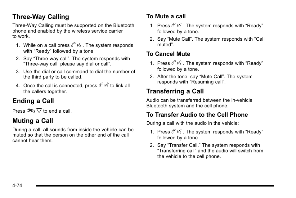 Three‐way calling, Ending a call, Muting a call | Transferring a call | Cadillac 2010 Escalade EXT User Manual | Page 254 / 580