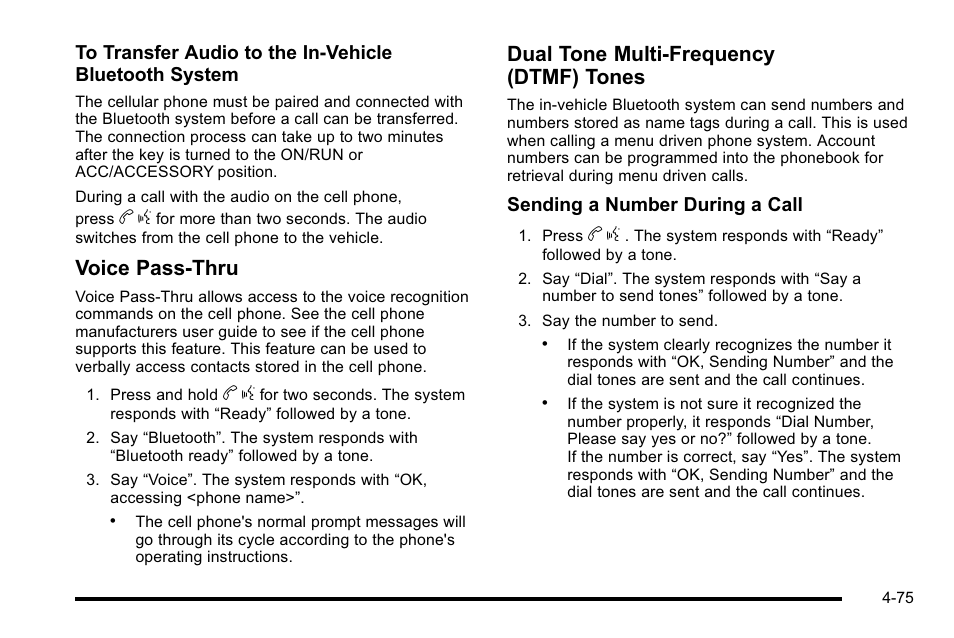 Voice pass-thru, Dual tone multi-frequency (dtmf) tones | Cadillac 2010 Escalade EXT User Manual | Page 255 / 580