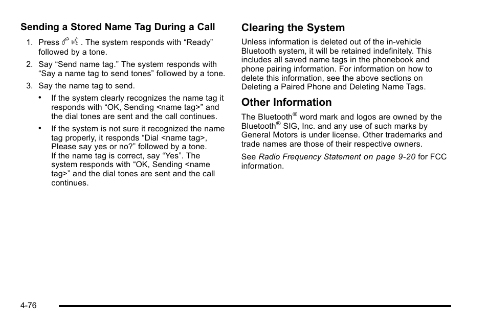 Clearing the system, Other information, Sending a stored name tag during a call | Cadillac 2010 Escalade EXT User Manual | Page 256 / 580