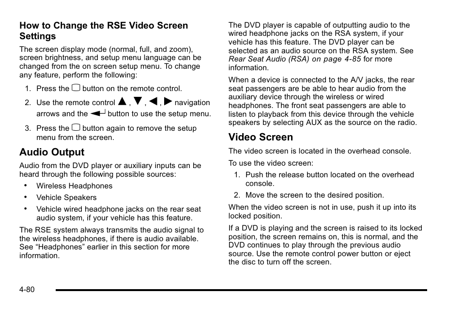 Audio output, Video screen | Cadillac 2010 Escalade EXT User Manual | Page 260 / 580