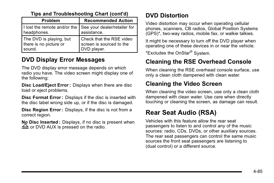 Rear seat audio (rsa), Rear seat audio (rsa) -85, Dvd display error messages | Dvd distortion, Cleaning the rse overhead console, Cleaning the video screen | Cadillac 2010 Escalade EXT User Manual | Page 265 / 580