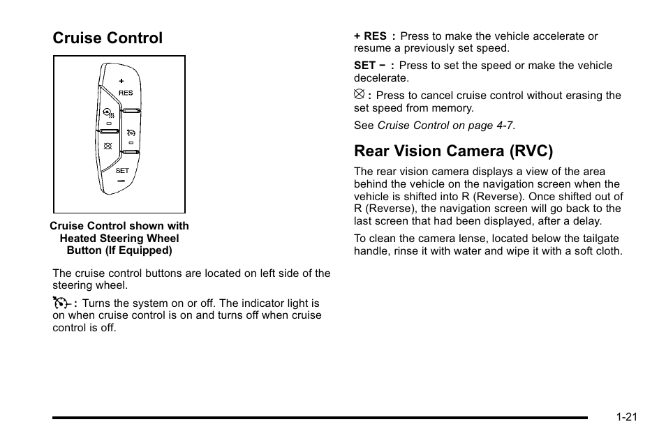 Cruise control, Rear vision camera (rvc), Cruise control -21 rear vision camera (rvc) -21 | Cadillac 2010 Escalade EXT User Manual | Page 27 / 580