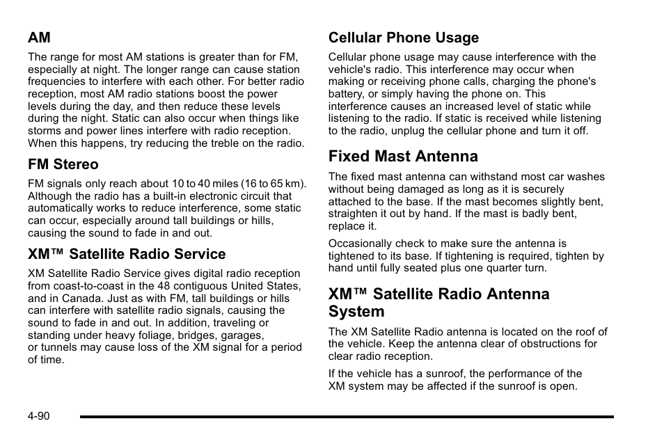 Fixed mast antenna, Xm satellite radio antenna system, Xm™ satellite radio antenna system | Fm stereo, Xm™ satellite radio service, Cellular phone usage | Cadillac 2010 Escalade EXT User Manual | Page 270 / 580