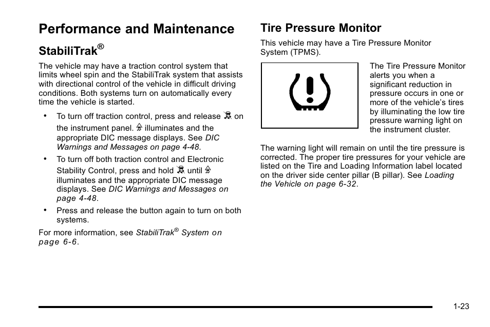 Performance and maintenance, Stabilitrak, Tire pressure monitor | Performance and maintenance -23, Sunroof, Tire pressure monitor -23 | Cadillac 2010 Escalade EXT User Manual | Page 29 / 580