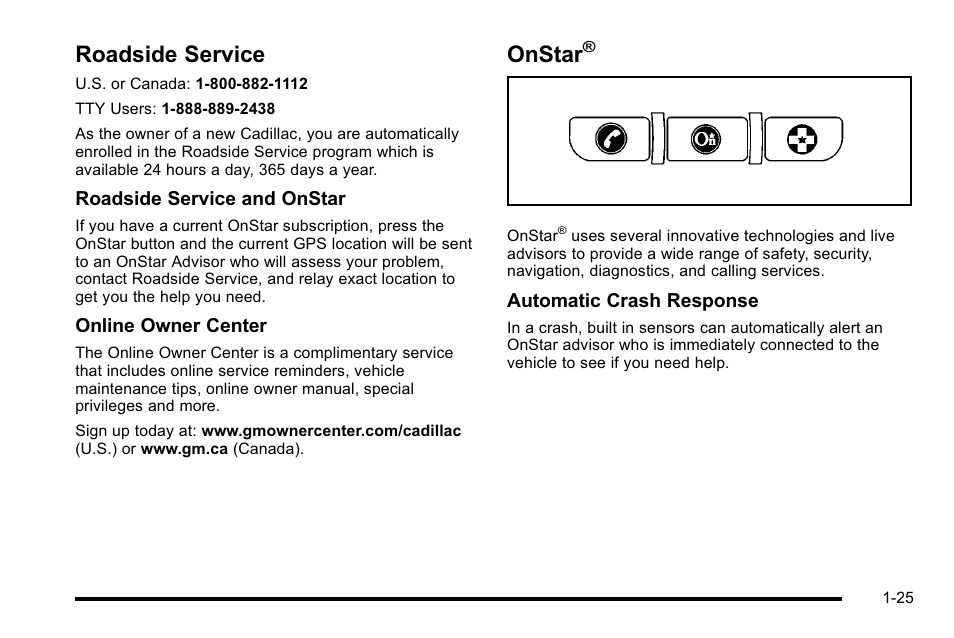 Roadside service, Onstar, Roadside service -25 onstar | Cadillac 2010 Escalade EXT User Manual | Page 31 / 580