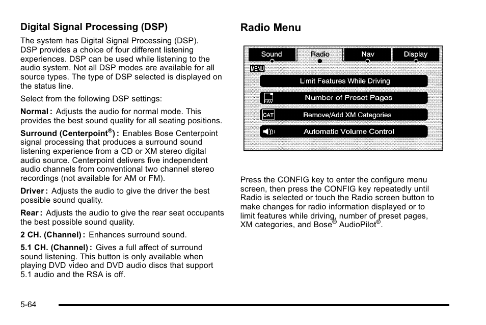 Radio menu, Digital signal processing (dsp) | Cadillac 2010 Escalade EXT User Manual | Page 334 / 580